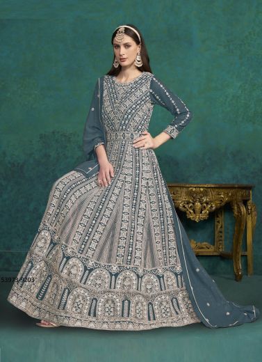 Steel Blue Georgette Thread-Work Festive-Wear Floor-Length Readymade Salwar Kameez