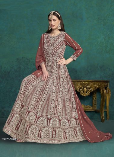 Light Maroon Georgette Thread-Work Festive-Wear Floor-Length Readymade Salwar Kameez