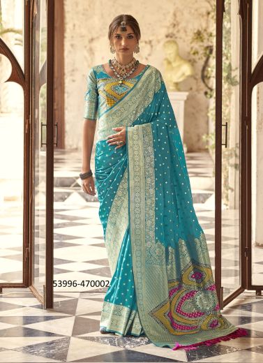 Teal Blue Woven Wedding-Wear Banarasi Silk Saree