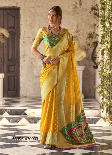 Yellow Woven Wedding-Wear Banarasi Silk Saree