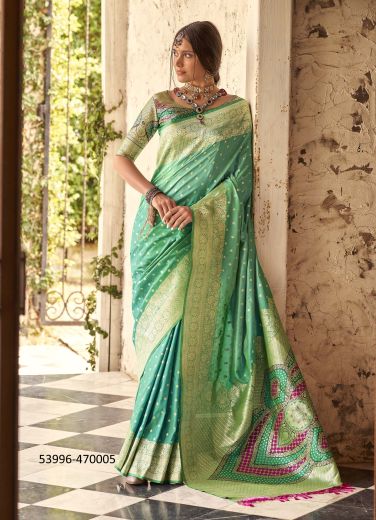 Light Teal Green Woven Wedding-Wear Banarasi Silk Saree