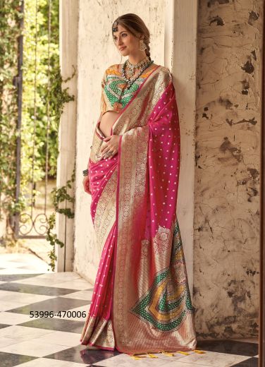 Magenta Woven Wedding-Wear Banarasi Silk Saree