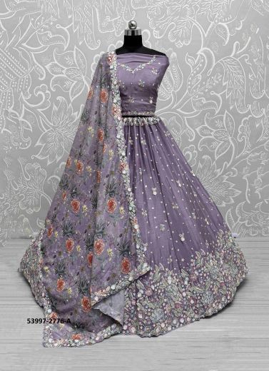 Lavender Chinon Handworked Wedding-Wear Reception Lehenga Choli