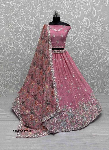 Pink Chinon Handworked Wedding-Wear Reception Lehenga Choli