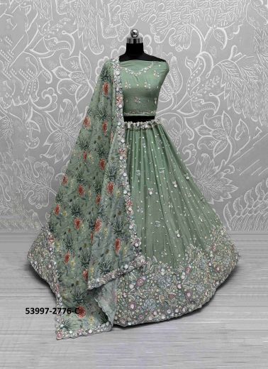 Sage Green Chinon Handworked Wedding-Wear Reception Lehenga Choli