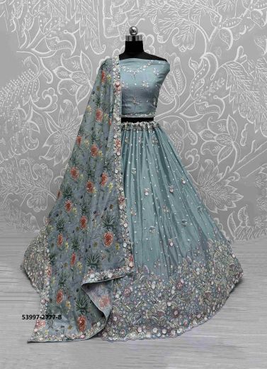 Light Blue Chinon Handworked Wedding-Wear Reception Lehenga Choli