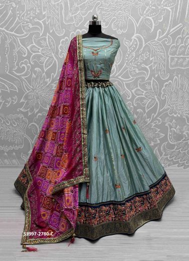 Teal Blue Silk Handworked Wedding-Wear Reception Lehenga Choli