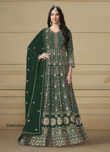 Green Georgette Embroidered Festive-Wear Floor-Length Readymade Salwar Kameez