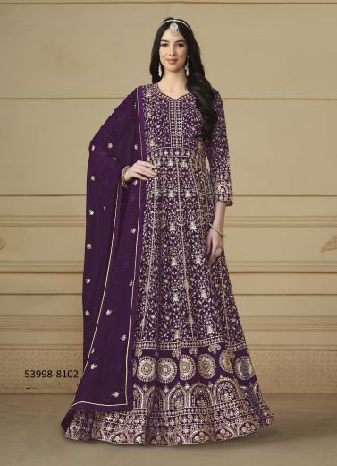 Dark Purple Georgette Embroidered Festive-Wear Floor-Length Readymade Salwar Kameez