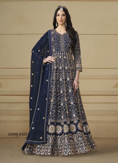 Navy Blue Georgette Embroidered Festive-Wear Floor-Length Readymade Salwar Kameez