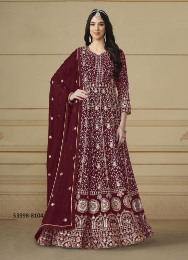 Maroon Georgette Embroidered Festive-Wear Floor-Length Readymade Salwar Kameez