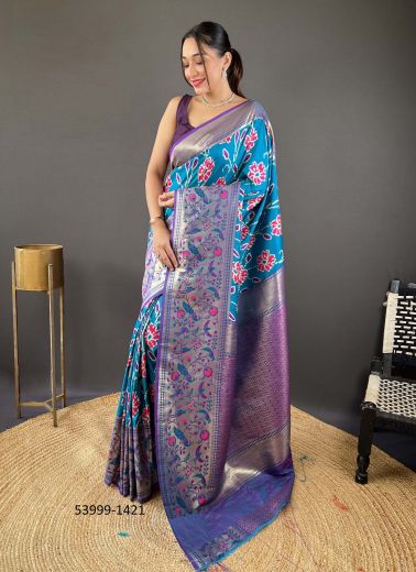 Sky Blue & Violet Woven Soft Silk Saree For Traditional / Religious Occasions