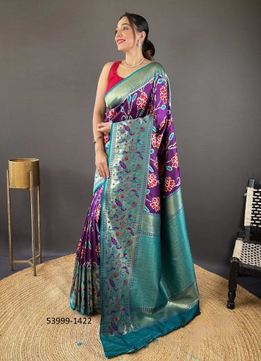 Purple & Teal Blue Woven Soft Silk Saree For Traditional / Religious Occasions