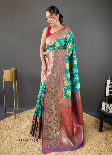 Aqua Green & Wien Red Woven Soft Silk Saree For Traditional / Religious Occasions