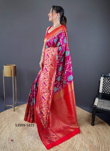 Magenta & Red Woven Soft Silk Saree For Traditional / Religious Occasions