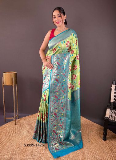 Light Green & Aqua Woven Soft Silk Saree For Traditional / Religious Occasions