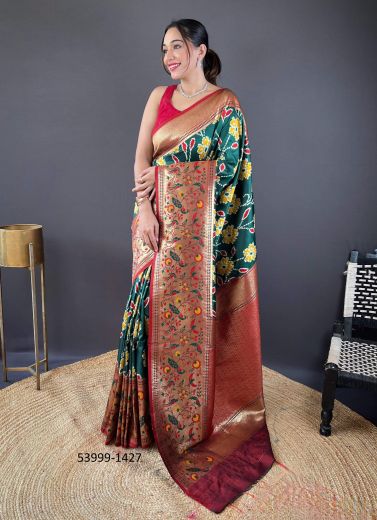 Teal Green & Wien Red Woven Soft Silk Saree For Traditional / Religious Occasions