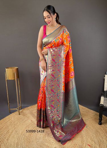 Orange & Teal Blue Woven Soft Silk Saree For Traditional / Religious Occasions