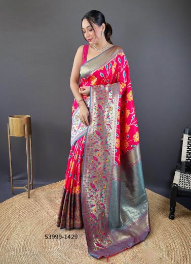 Dark PInk & Teal Blue Woven Soft Silk Saree For Traditional / Religious Occasions