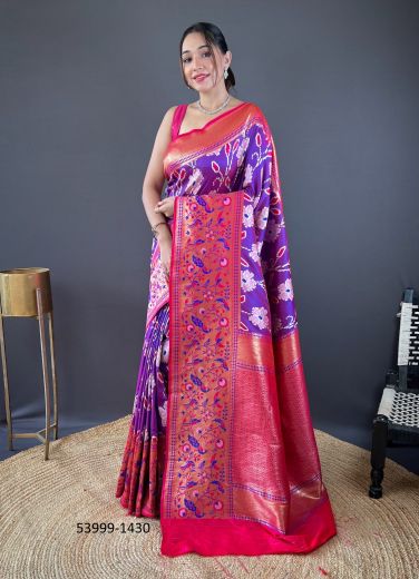 Purple & Dark Pink Woven Soft Silk Saree For Traditional / Religious Occasions