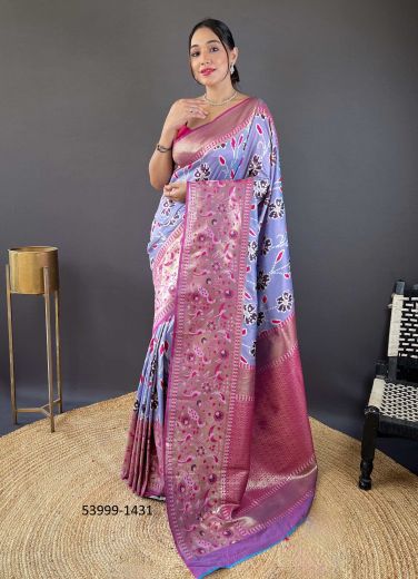 Lavender & Pink Woven Soft Silk Saree For Traditional / Religious Occasions