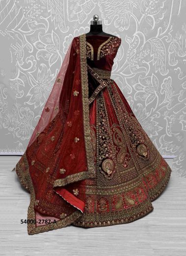 Maroon Velvet Handworked Wedding-Wear Bridal Lehenga Choli [With Double Dupatta]