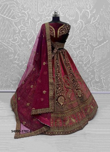 Wine Red Velvet Handworked Wedding-Wear Bridal Lehenga Choli [With Double Dupatta]