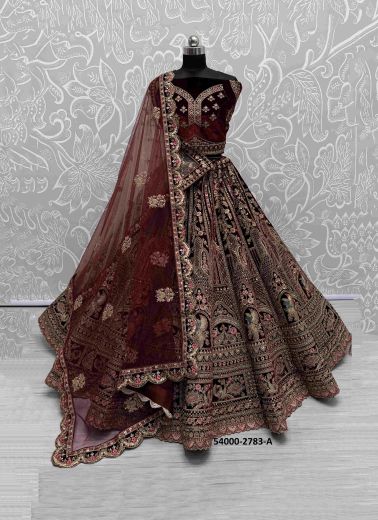 Dark Maroon Velvet Handworked Wedding-Wear Bridal Lehenga Choli [With Double Dupatta]