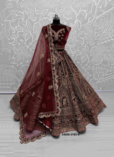 Dark Maroon Velvet Handworked Wedding-Wear Bridal Lehenga Choli [With Double Dupatta]