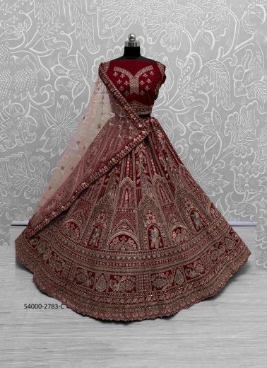 Maroon Velvet Handworked Wedding-Wear Bridal Lehenga Choli [With Double Dupatta]