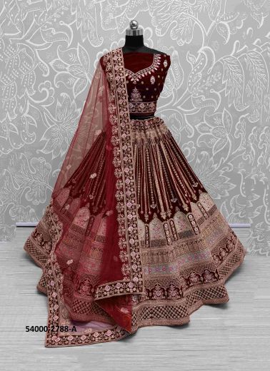 Maroon Velvet Handworked Wedding-Wear Bridal Lehenga Choli