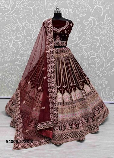 Maroon Velvet Handworked Wedding-Wear Bridal Lehenga Choli