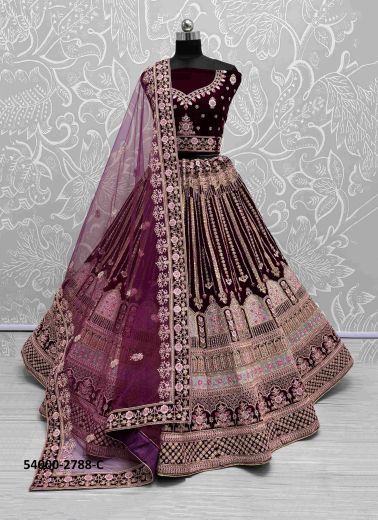 Dark Wine Velvet Handworked Wedding-Wear Bridal Lehenga Choli