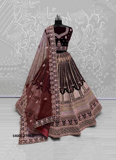 Dark Maroon Velvet Handworked Wedding-Wear Bridal Lehenga Choli