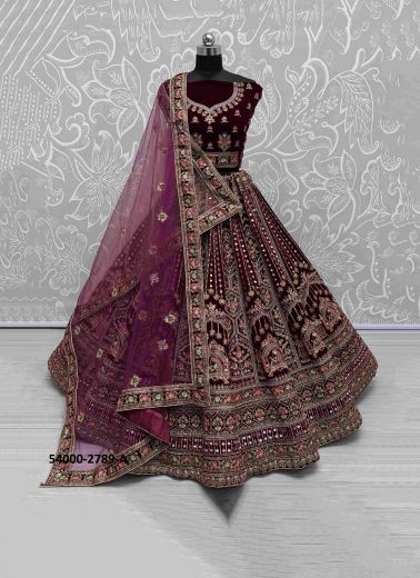 Dark Wine Velvet Handworked Wedding-Wear Bridal Lehenga Choli [Double Dupatta]