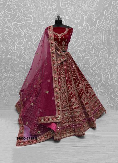 Wine Red Velvet Handworked Wedding-Wear Bridal Lehenga Choli [Double Dupatta]