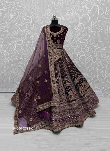 Dark Violet Velvet Handworked Wedding-Wear Bridal Lehenga Choli [Double Dupatta]