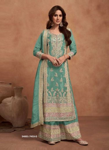 Light Teal Blue Shimmer Silk Embroidered Party-Wear Palazzo-Bottom Readymade Salwar Kameez