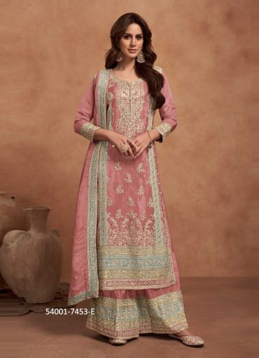 Pink Shimmer Silk Embroidered Party-Wear Palazzo-Bottom Readymade Salwar Kameez