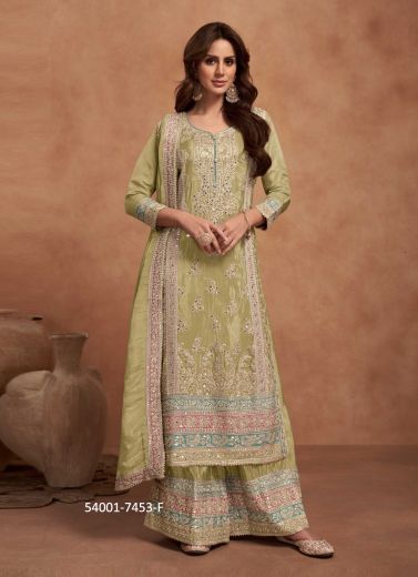 Light Sage Green Shimmer Silk Embroidered Party-Wear Palazzo-Bottom Readymade Salwar Kameez