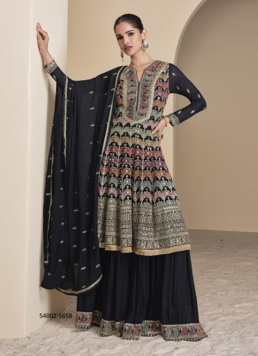 Black Georgette Embroidered Wedding-Wear Sharara-Bottom Readymade Salwar Kameez