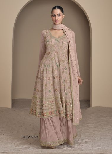 Light Mauve Georgette Embroidered Wedding-Wear Sharara-Bottom Readymade Salwar Kameez