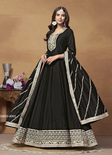 Black Art Silk Embroidered Floor-Length Readymade Salwar Kameez For Traditional / Religious Occasions