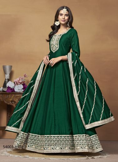 Green Art Silk Embroidered Floor-Length Readymade Salwar Kameez For Traditional / Religious Occasions