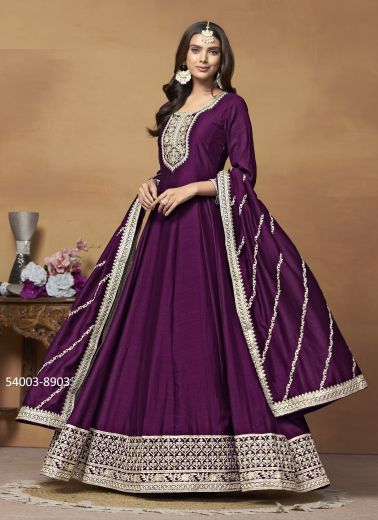 Purple Art Silk Embroidered Floor-Length Readymade Salwar Kameez For Traditional / Religious Occasions