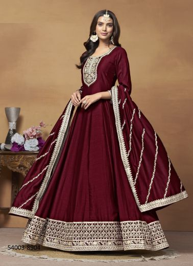 Wine Art Silk Embroidered Floor-Length Readymade Salwar Kameez For Traditional / Religious Occasions