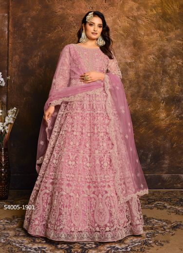 Pink Net Thread-Work Floor-Length Salwar Kameez For Traditional / Religious Occasions