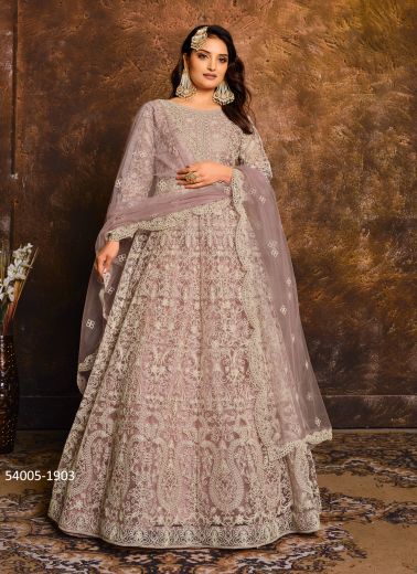 Light Mauve Net Thread-Work Floor-Length Salwar Kameez For Traditional / Religious Occasions