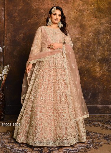 Light Salmon Net Thread-Work Floor-Length Salwar Kameez For Traditional / Religious Occasions