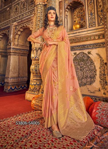 Light Salmon Georgette Woven Soft Silk Saree For Traditional / Religious Occasions